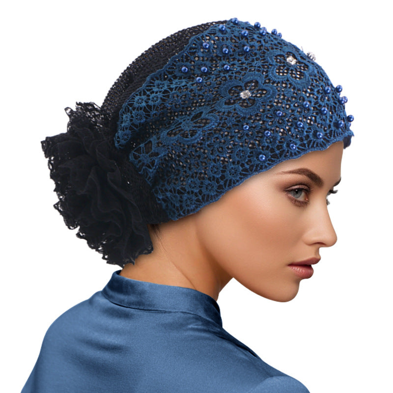 Cross-Border New Breathable Lace Pearl Hat, Floral Turban Hat, Head Wrap Hat, Hair Care Hat Jdt-502