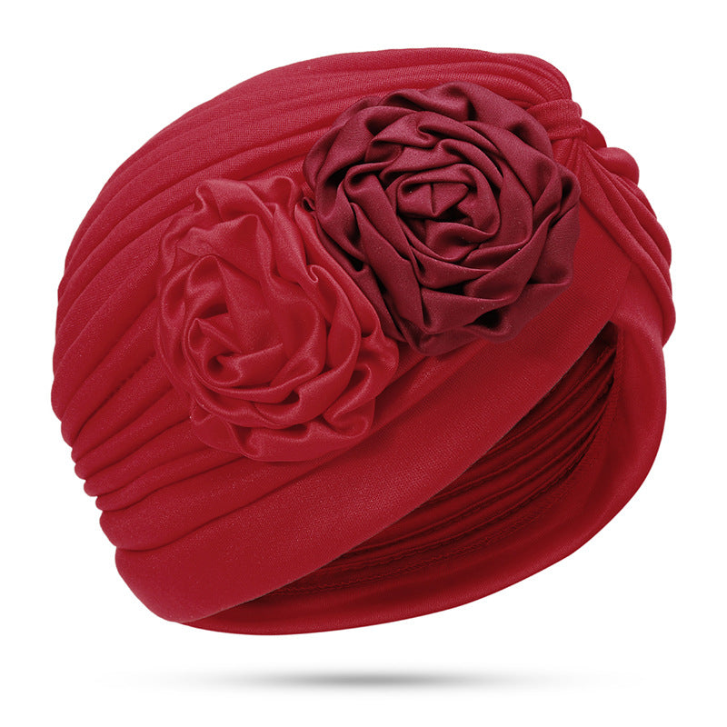 New Double Color Plate Flower Head Towel Hat Retro Fashion Hat Imitation Silk Indian Hat TJM-24Q