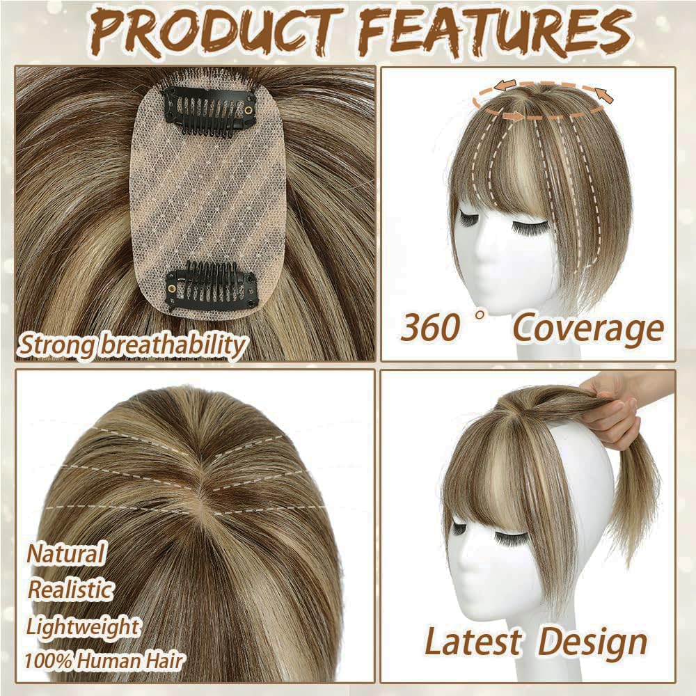 Hair Toppers for Women Real Human Hair, Bangs Hair Clip 360° 3D Cover Human Hair Topper with Bangs