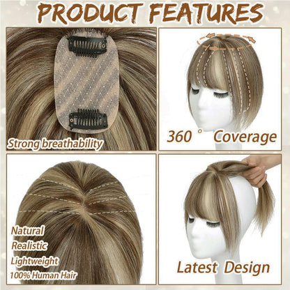Hair Toppers for Women Real Human Hair, Bangs Hair Clip 360° 3D Cover Human Hair Topper with Bangs