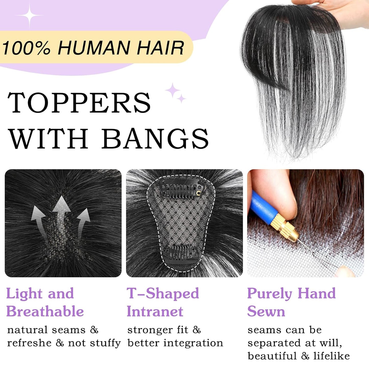 Clip in Bangs 100% Human Hair Toppers 360°3D Hair Pieces Clip On Air Bangs Extensions