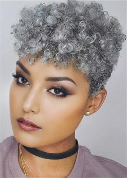 Graue Pixie Afro Kinky Curly Kurzes Echthaar Kappenlose Kappenperücken