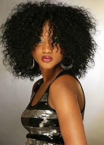 100% Human Hair Trendy Super Afo Cut Bob Hairstyle Medium Curly Black Lace Wig 14 Inches