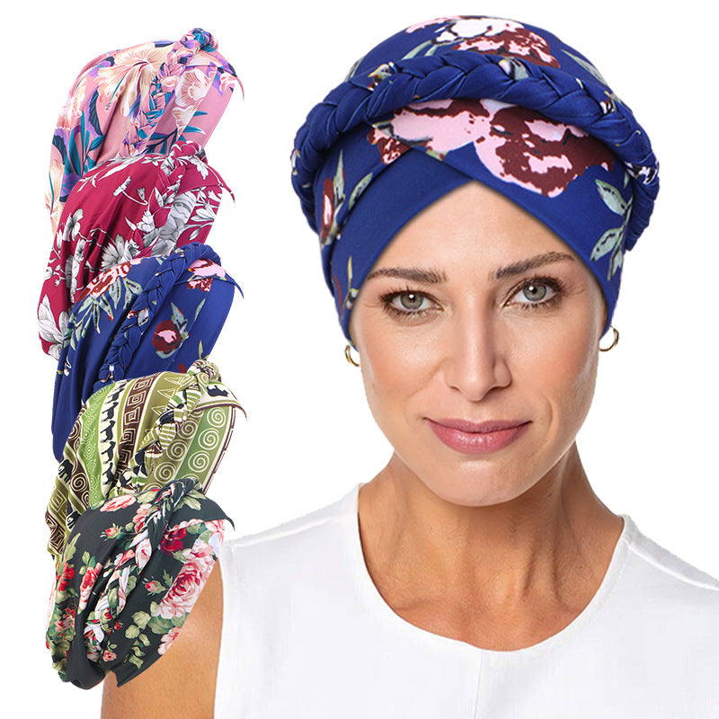 Cross-Border New Style Hand-Printed Braided Cross-Style Headscarf Hat, Elastic African Headwrap Hat Jdt-429G