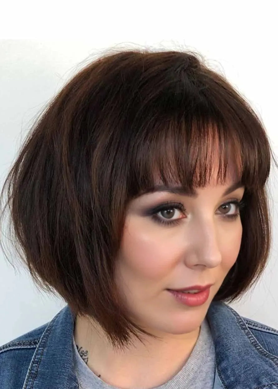 Women's Short Angled Bob Hairstyles Straight Synthetic Hair Capless Wigs With Wispy Fringe Bangs 10Inch