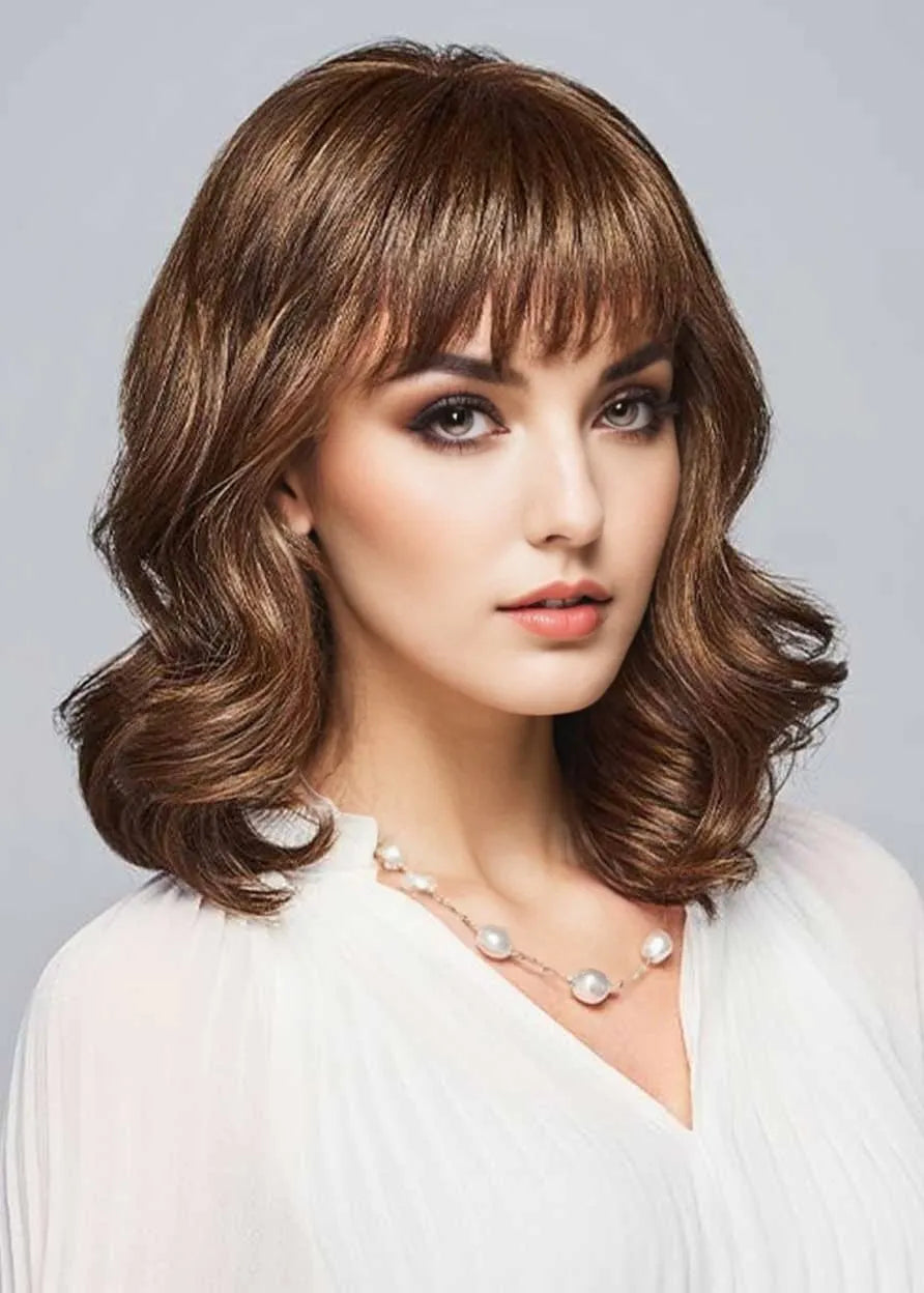 130% Density Shoulder Length Women's Soft Bangs and Beach Waves Synthetic Hair Capless Wigs 16Inches