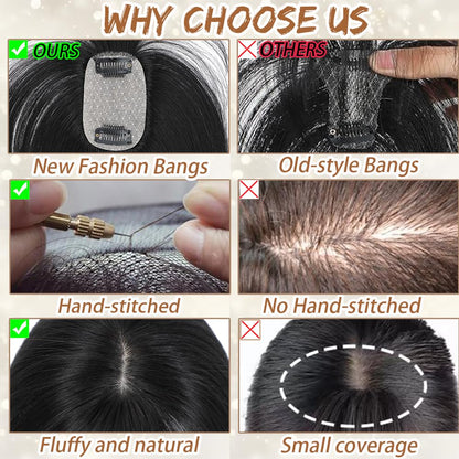 Hair Toppers for Women Real Human Hair, Bangs Hair Clip 360° 3D Cover Human Hair Topper with Bangs