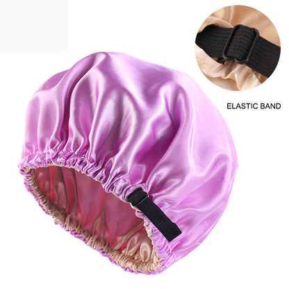 Cross-border supply of colored nightcap invisible flat adjustable buckle silk double shower cap beauty hair care hat