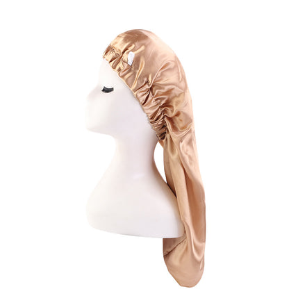 Cross-Border special satin nightcap elastic band buckle long tube hair care cap dual-purpose long hair cap shower cap turban hat