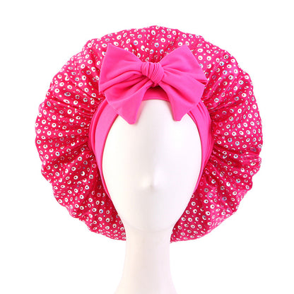 New Sequin Elastic Ribbon Satin Nightcap Headband Turban Beauty Hair Care Cap Jdb-301T