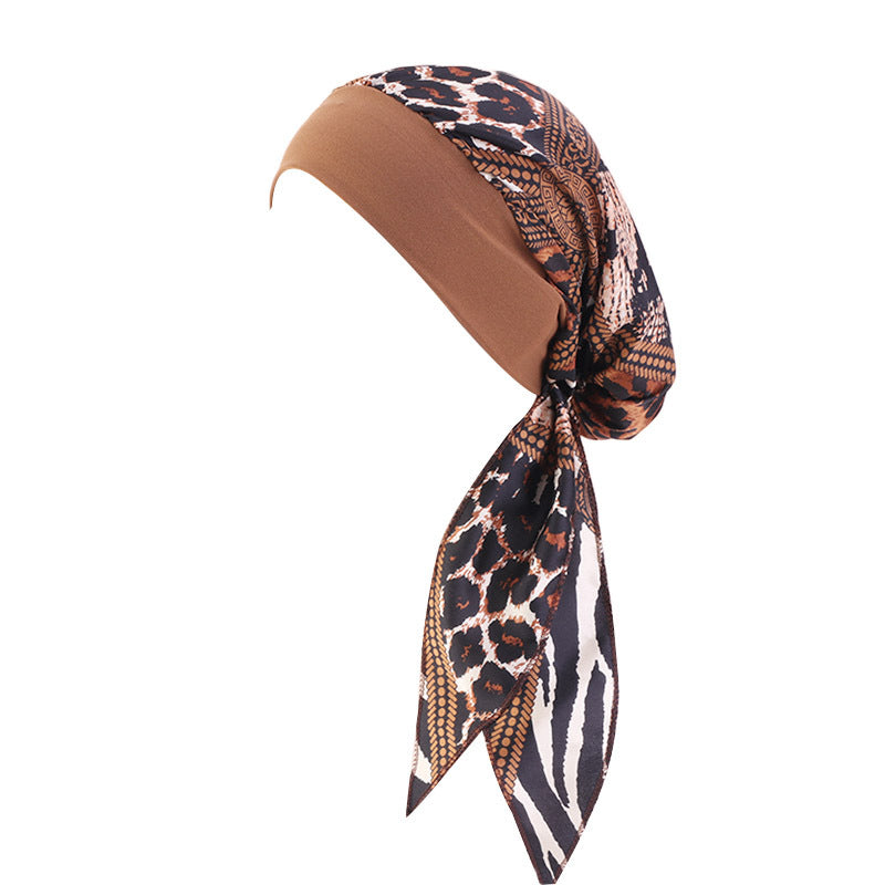 Pastoral Style Elastic Wide-Brimmed Imitation Silk Turban Hat, Long Tail Braid Hat, Chemotherapy Hat, Cross-Border Supply