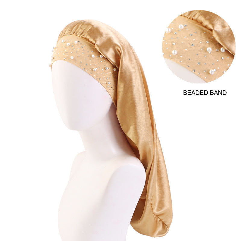AliExpress hot sale starry Pearl Diamond wide-brimmed satin nightcap long hair care cap long hair shower cap