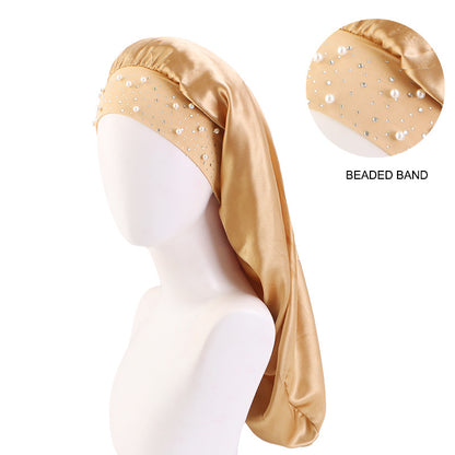 AliExpress hot sale starry Pearl Diamond wide-brimmed satin nightcap long hair care cap long hair shower cap
