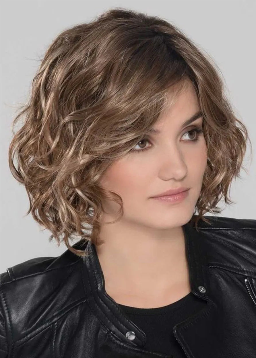 Sexy Women's Side Part Short Bob Curly Hairstyles Human Hair Lace Front Cap Wigs 14Inch