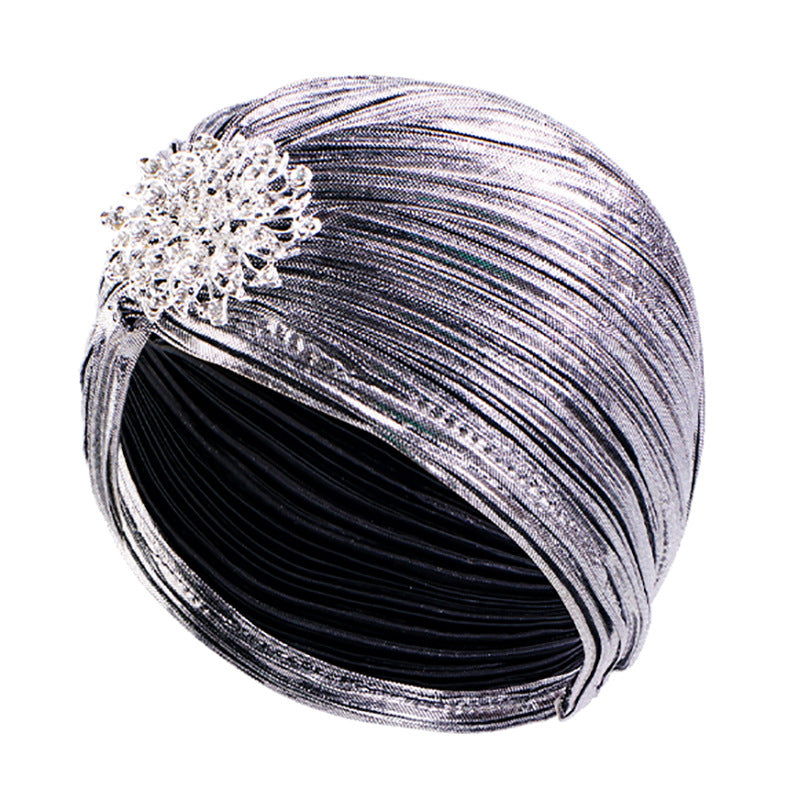 Vintage Alloy Diamond Pleated Gold-Stamped Turban Hat Ethnic Headwrap Tjm-79G