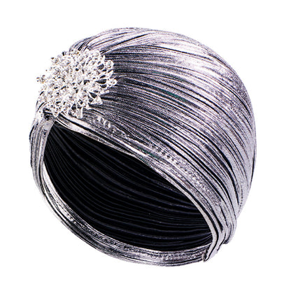 Vintage Alloy Diamond Pleated Gold-Stamped Turban Hat Ethnic Headwrap Tjm-79G