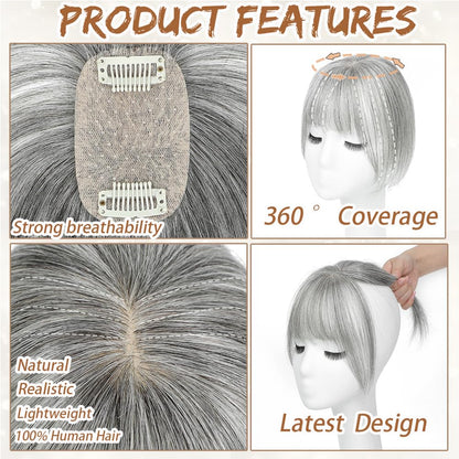 Hair Toppers for Women Real Human Hair, Bangs Hair Clip 360° 3D Cover Human Hair Topper with Bangs