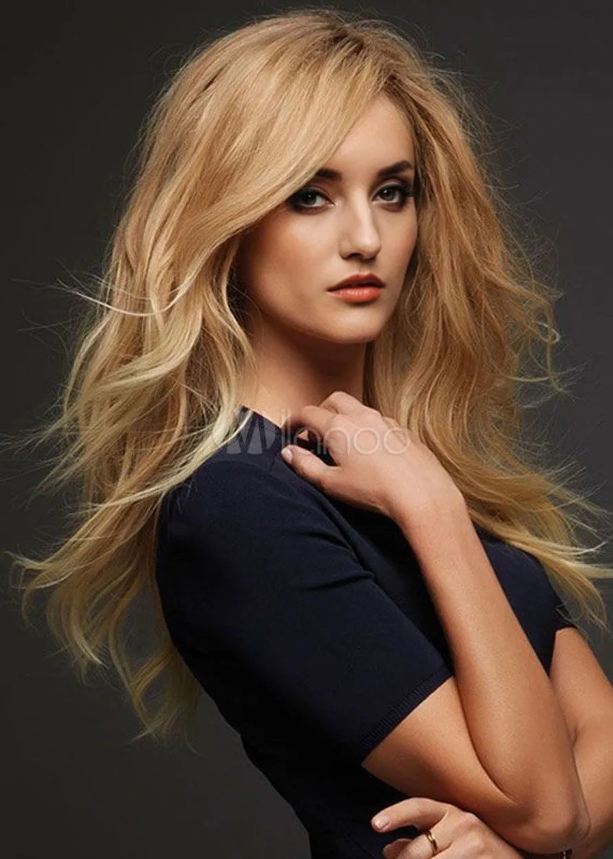 Locker gewellte, geschichtete Frisur mit vollem Pony, mittellange, synthetische, kappenlose Damenperücken, 24 Zoll