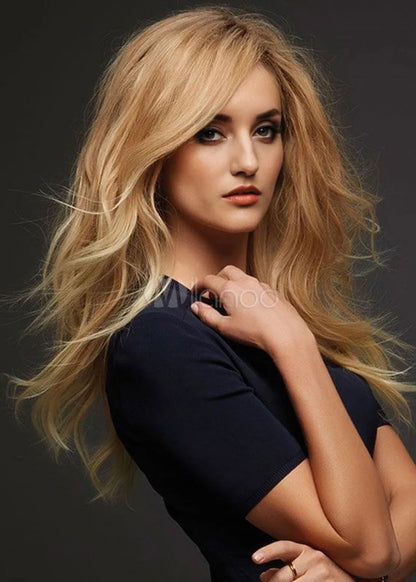 Locker gewellte, geschichtete Frisur mit vollem Pony, mittellange, synthetische, kappenlose Damenperücken, 24 Zoll