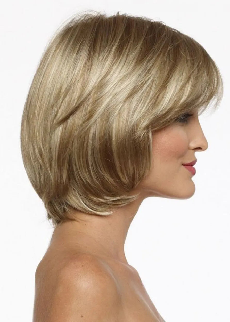 Women's Blonde Straight Bob Style Human Hair Wigs Capless Wigs With Bangs 10Inch