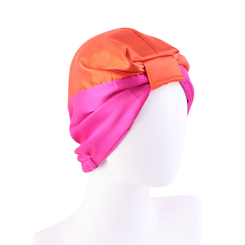 Cross-Border Hat Double-Layer Imitation Silk Nightcap Contrasting Color Knotted Turban Hat Washing and Chemical Clothing Factory Direct Sale