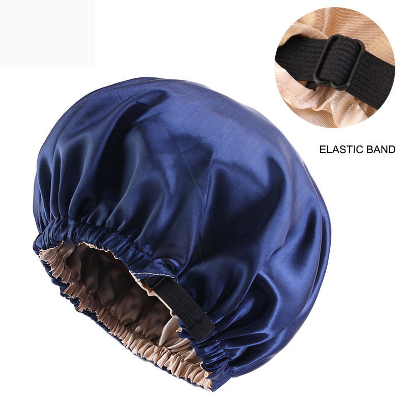 Cross-border supply of colored nightcap invisible flat adjustable buckle silk double shower cap beauty hair care hat