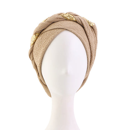 Cross-Border Solid Color Sequin Braided Cross-Turban Hat Small Hat Head Wrap Hair Protection Hat Jdt-429F