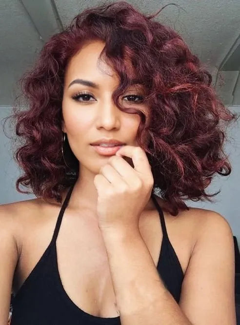 Parrucche per capelli umani con pizzo frontale riccio medio da donna nera da 14 pollici