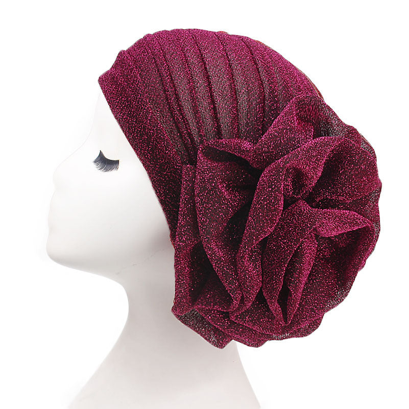 New Style Shiny Silk Large Flower Headscarf Hat, Versatile Retro Fashion Hat Tjm-322