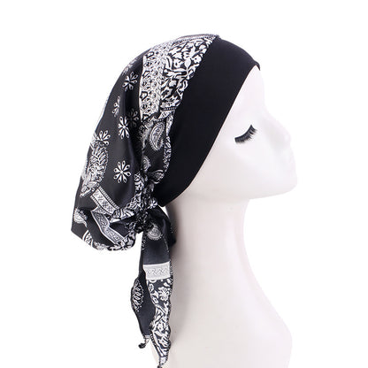 European and American popular long tail ribbon headscarf hat elastic wide-brimmed satin toe cap pirate hat JDT-329E