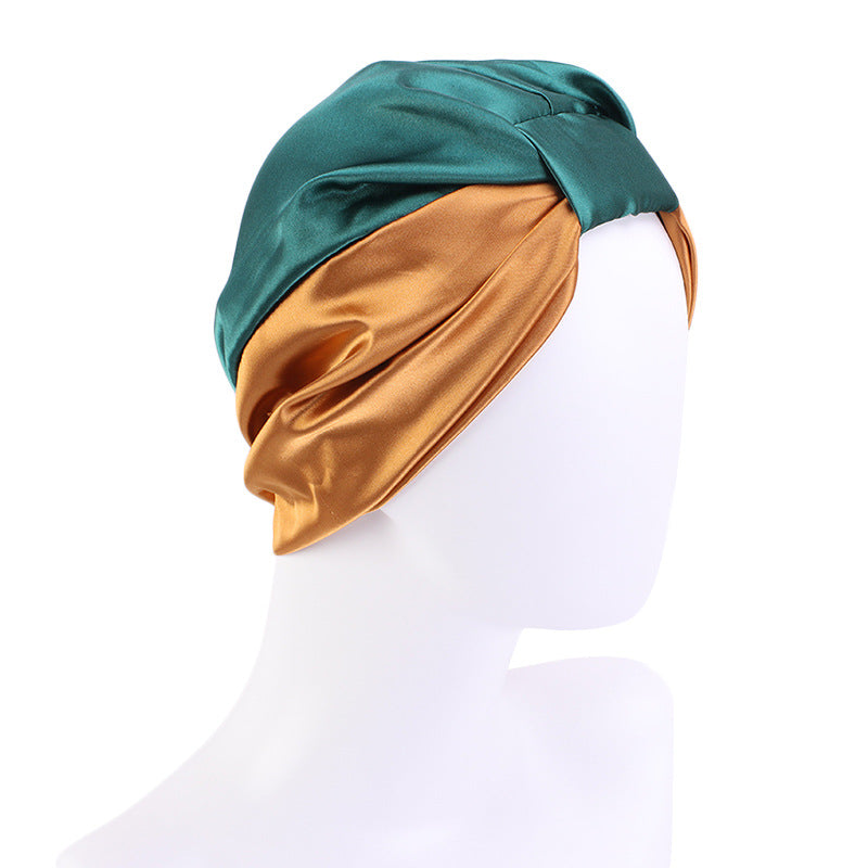 Cross-Border Hat Double-Layer Imitation Silk Nightcap Contrasting Color Knotted Turban Hat Washing and Chemical Clothing Factory Direct Sale