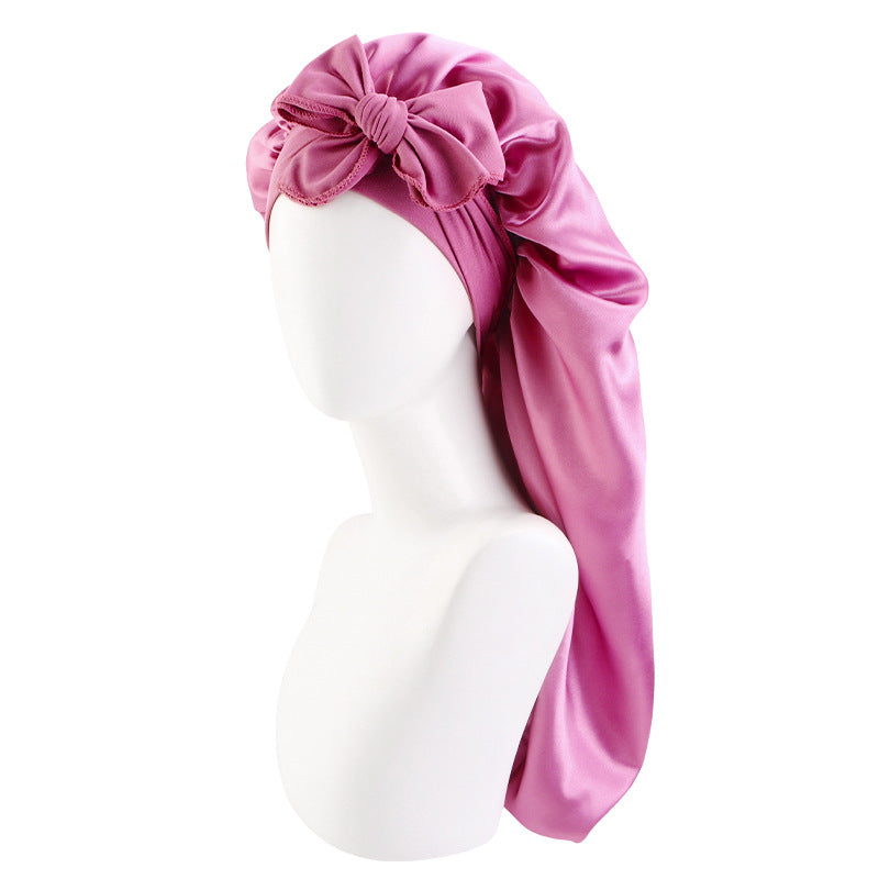 Wide-brimmed elastic ribbon women's headscarf hat perm hair care hat cross-border hot sale satin long nightcap