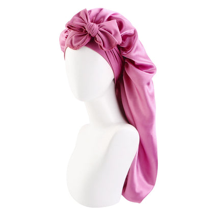 Wide-brimmed elastic ribbon women's headscarf hat perm hair care hat cross-border hot sale satin long nightcap