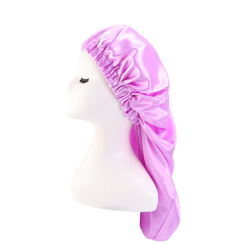 Cross-Border special satin nightcap elastic band buckle long tube hair care cap dual-purpose long hair cap shower cap turban hat