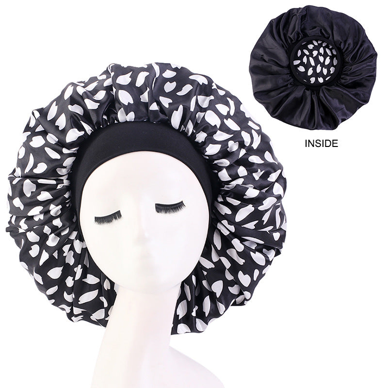 Cross-border Hot Selling Wide-brimmed Stretch Double-layer Sleeping Cap Sade Printed Extra Large Shower Cap Beauty Hair Care Cap