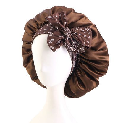 Cross border new cashew flower printed adjustable ribbon nightcap with wide edge straps and knotted headband hat JDB-528