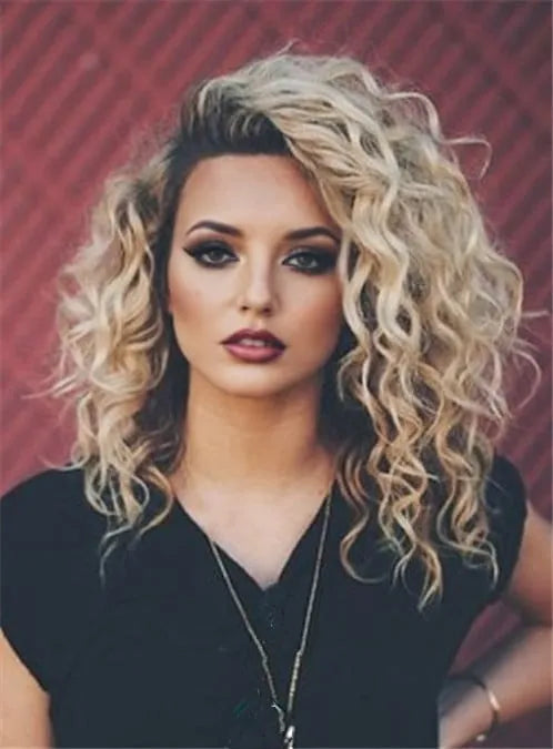 Parrucche alla moda con capelli umani ricci medi frontali in pizzo naturale da 14 pollici