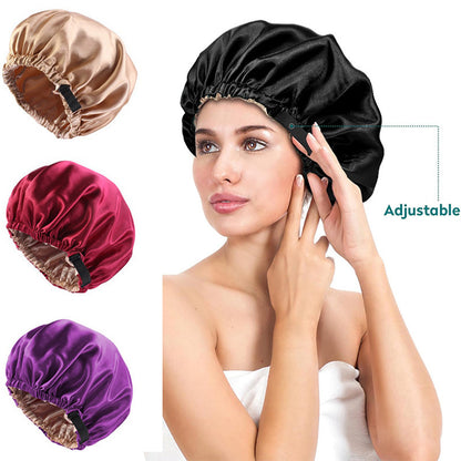 Cross-border supply of colored nightcap invisible flat adjustable buckle silk double shower cap beauty hair care hat