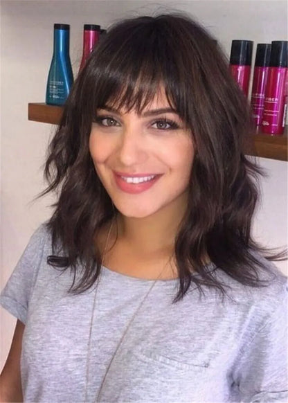 Shoulder Length Haircut Natural Wavy Human Hair Wig With Bangs 16 Inches
