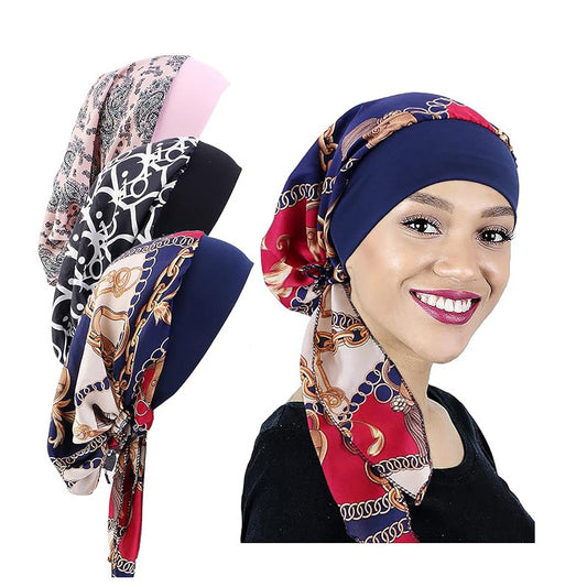 Amazon Women's Silk Chemotherapy Hat Nightcap Printed Band Tapes Hat Ethnic Hair Care Hat JDT-329D