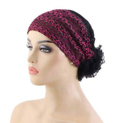 New Cross-Border Breathable Lace Mesh Hat, Ethnic Headscarf with Floral Embellishment, Hair-Protecting Headscarf Hat Jdt-517