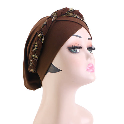 Cross-Border Braided Headscarf Hat Factory New Model Gold-Stamped Two-Color Handmade Headscarf Custom-Made Upon Request Jdt-429M