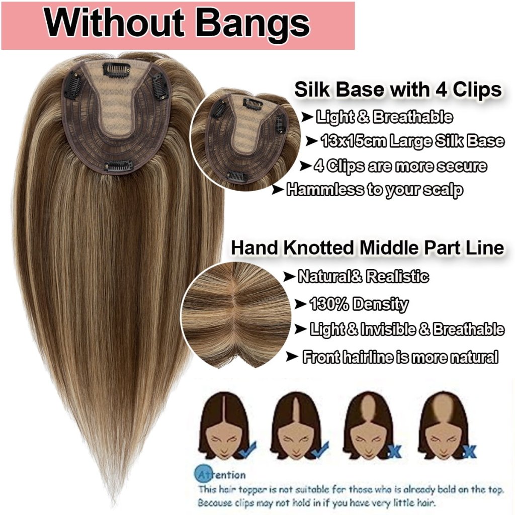 Human Hair Toppers For Women 100% Remy Topper With/Without Bangs 13*15CM Silk Base Clip In Topper 14inch - Blonde