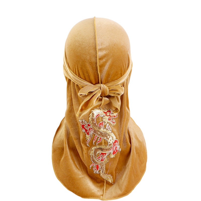 Autumn and Winter thickened gold velvet long tail pirate hat Chinese dragon hot stamping strap hip hop cloak DURAG