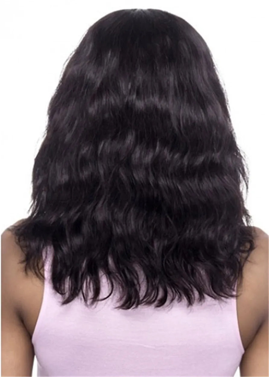 African American Wigs Natural Wavy Human Hair Wig With Full Bangs 16 Inches
