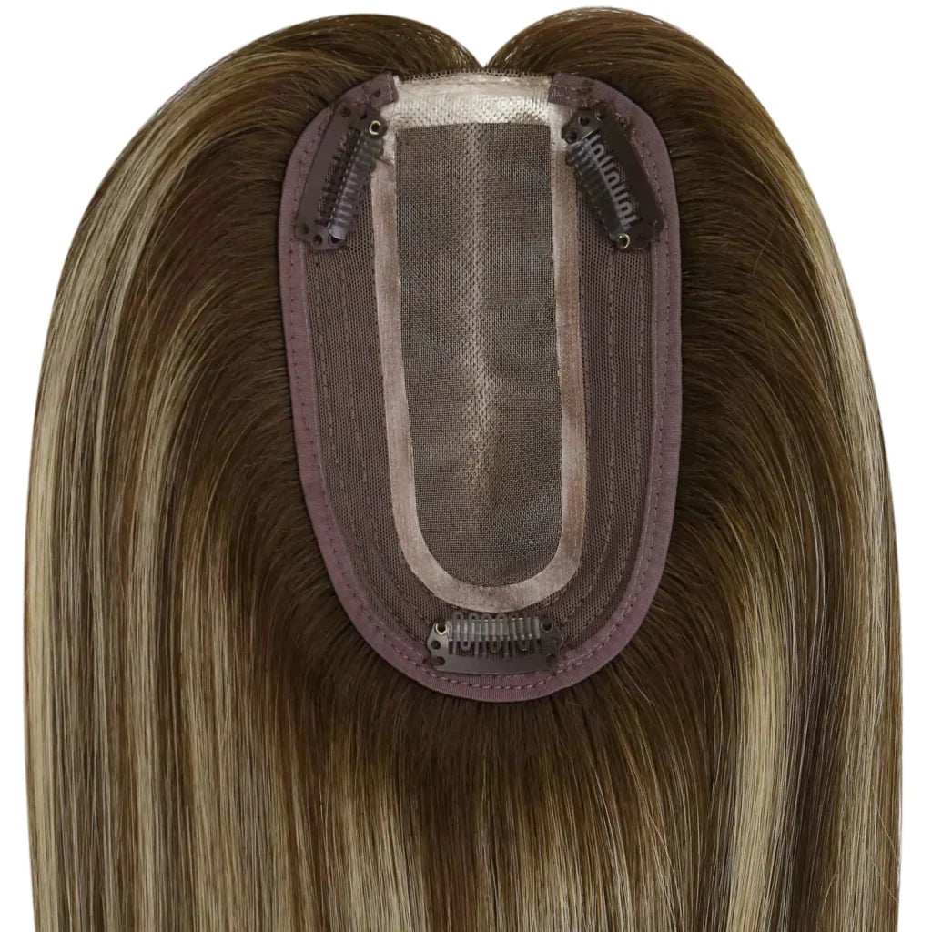 Virgin Hair Topper Medium Base Balayage Brown Mixed Blonde Wigs Hair Piece