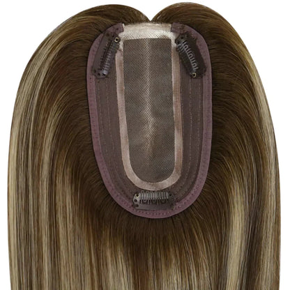Virgin Hair Topper Medium Base Balayage Brown Mixed Blonde Wigs Hair Piece