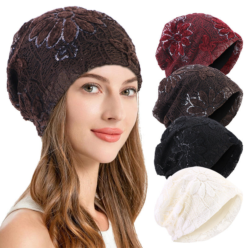 Spring and Autumn New Lace Sequin Pullover Hat, Headscarf Hat, Headwrap Hat, Cross-Border Hat Jdu-150
