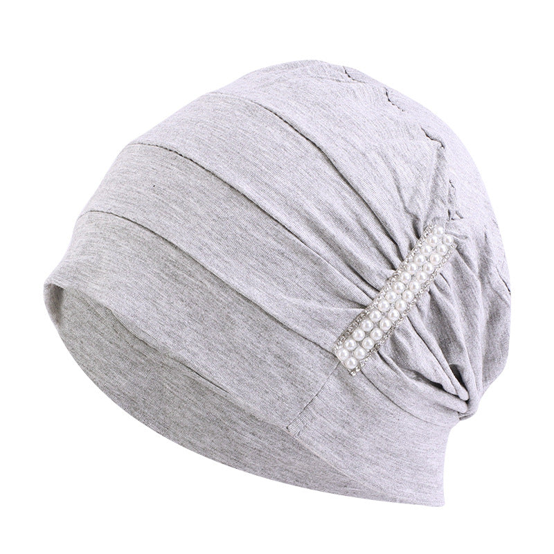 Amazon solid color chemotherapy cap confinement cap pearl accessories modal cotton headscarf cap nightcap JDT-241-1C