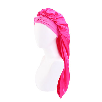 Wide-brimmed elastic ribbon women's headscarf hat perm hair care hat cross-border hot sale satin long nightcap